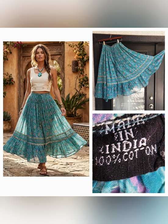 Dresses & Skirts - Vintage Guze Boho  Teal Floral Maxi Skirt with Drawstring Waist